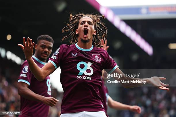 Hannibal Mejbri of Burnley celebrates the team's first goal during the Premier League match between Burnley and Sunderland at Turf Moor on August 23,...