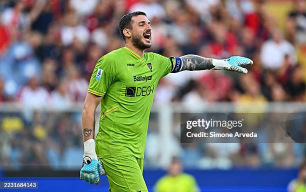 Wladimiro Falcone of Lecce gestures during the Serie A match between Genoa CFC and US Lecce at Luigi Ferraris Stadium on August 23, 2025 in Genoa,...