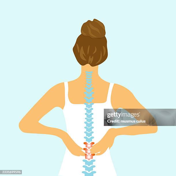 frau mit schmerzen im unteren rücken und wirbelsäule illustration - wirbelsäule stock-grafiken, -clipart, -cartoons und -symbole