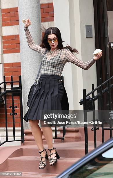 Anne Hathaway is seen on the set of "The Devil Wears Prada 2" on August 27, 2025 in New York City.