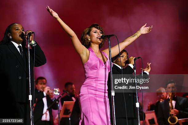 Raye performs onstage during All Points East at Victoria Park on August 23, 2025 in London, England.