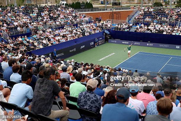 Botic van de Zandschulp of Netherlands serves to Márton Fucsovics of Hungary in the men’s finals of the ATP 250 Winston-Salem Open at Wake Forest...