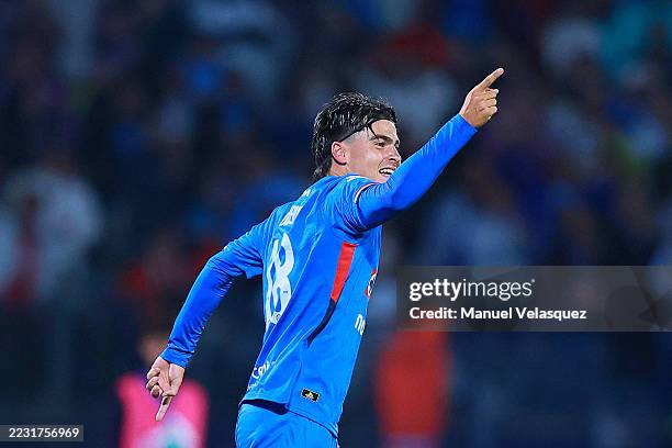 Luka Romero of Cruz Azul celebrates after scoring the team's first goal during the 6th round match between Cruz Azul and Toluca as part of the Torneo...