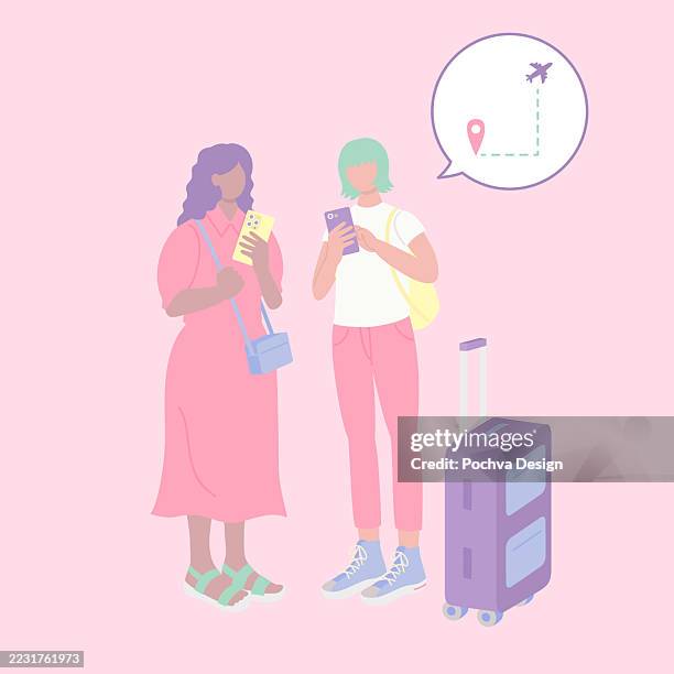 two people using mobile phones to navigate their travel path - pink suitcase stock illustrations