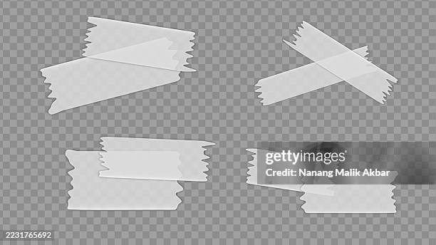 set aus realistischen weißen zerrissenen klebebandstreifen mit transparentem hintergrund - sammelalbum stock-grafiken, -clipart, -cartoons und -symbole