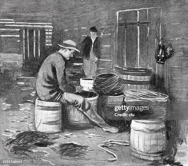 new england fishery, man sitting on a barrel baiting trawls - lobster fishing stock illustrations