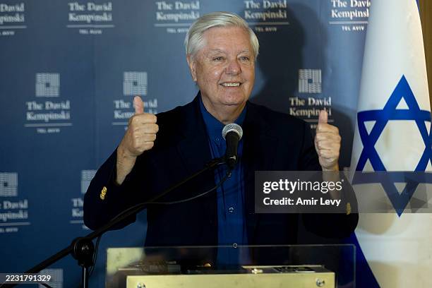 Senator Lindsey Graham speaks during a press conference on August 28, 2025 in Tel Aviv, Israel. U.S. Senator Lindsey Graham is speaking to the press...