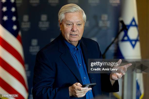 Senator Lindsey Graham attends a press conference on August 28, 2025 in Tel Aviv, Israel. U.S. Senator Lindsey Graham is speaking to the press...