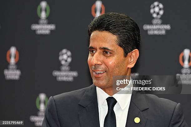 Paris Saint Germain's Qatari president Nasser al-Khelaifi poses during a photocall ahead of he draw ceremony for the group stage of the 2025-2026...