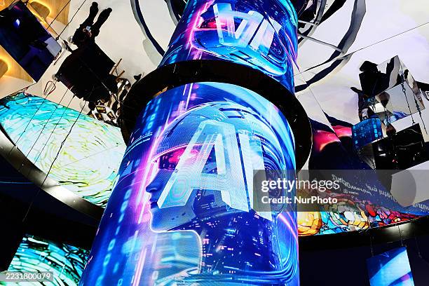 Robot appears on a screen with an AI symbol, illustrating artificial intelligence, futuristic technology, digital innovation, smart robotics,...
