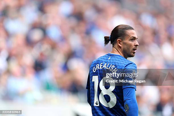 Jack Grealish of Everton looks on during the Premier League match between Everton and Brighton & Hove Albion at Hill Dickinson Stadium on August 24,...