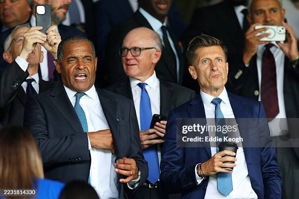 Mark Bright, Crystal Palace Ambassador and former player and Steve Parish, Co-Owner and Chairman of Crystal Palace are seen in the stand prior to the...