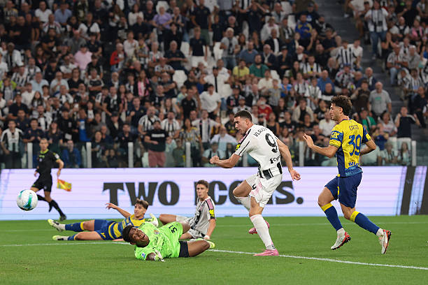 Dusan Vlahovic of Juventus scores to give the side a 2-0 lead during the Serie A match between Juventus FC and Parma Calcio 1913 at Allianz Stadium...