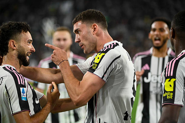 Dusan Vlahovic of Juventus FC celebrates a goal during the Serie A match between Juventus FC and Parma Calcio 1913 at Allianz Stadium on August 24,...