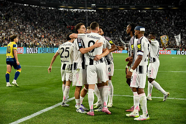 Dusan Vlahovic of Juventus FC celebrates a goal with his team during the Serie A match between Juventus FC and Parma Calcio 1913 at Allianz Stadium...