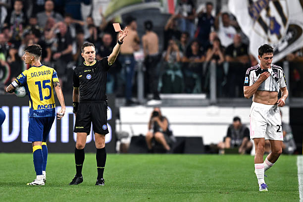 Andrea Cambiaso of Juventus red card during the Serie A match between Juventus FC and Parma Calcio 1913 at on August 24, 2025 in Turin, Italy.