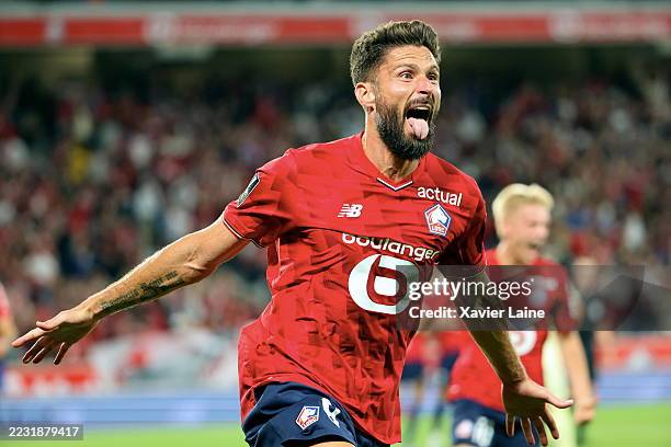 Olivier Giroud of Lille OSC celebrates his first goal during the Ligue 1 McDonald's match between Lille OSC and AS Monaco at Stade Pierre Mauroy on...