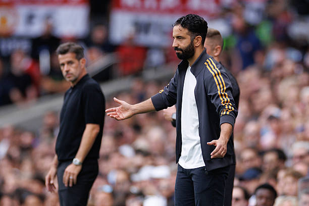 Marco Silva manager / head coach of Fulham and Manchester United head coach / manager Ruben Amorim during the Premier League match between Fulham and...