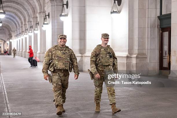 National Guard members patrol Union Station on August 24, 2025 in Washington, DC. President Donald Trump has ordered federal officers and the...