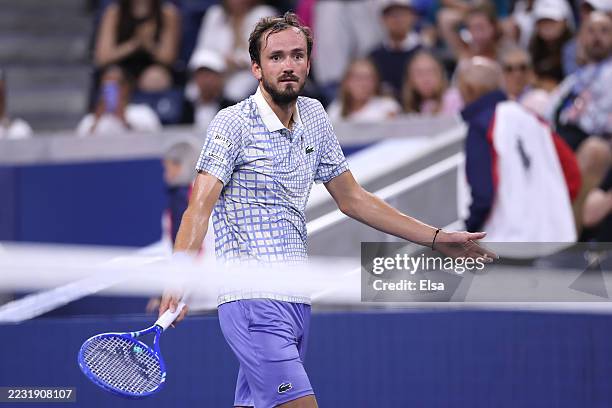 Daniil Medvedev reacts after losing the first two sets against Benjamin Bonzi of France during their Men's Singles First Round match on Day One of...