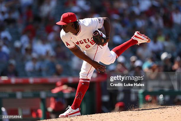 José Fermin of the Los Angeles Angels pitches against the Chicago Cubs at Angel Stadium of Anaheim on August 24, 2025 in Anaheim, California.