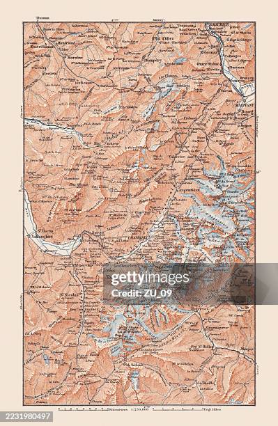 mont blanc massif and suroundings, france, italy, lithograph, published 1893 - french alps stock illustrations