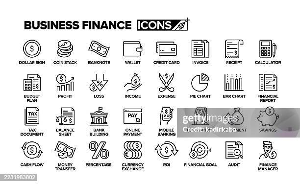 business finance line icon set. gruppe von objekten. bankwesen, kreditkarte, geldbörse, gewinn, einkommen, ausgaben, investition. - geldfluss stock-grafiken, -clipart, -cartoons und -symbole