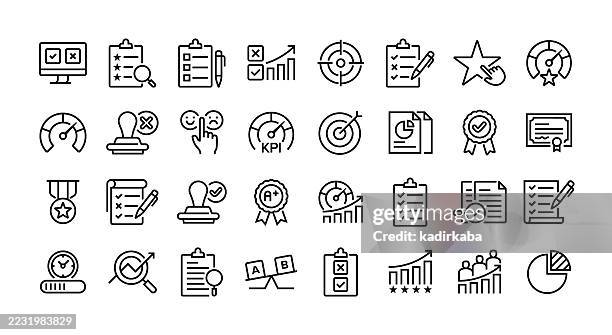 evaluation line icon set. group of object. test. review, assessment, results, rating, score, benchmark, checklists, approval, analysis. - validation stock illustrations