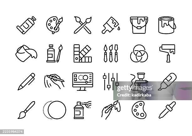 bildbanksillustrationer, clip art samt tecknat material och ikoner med color line icon set. group of object. - målarpensel