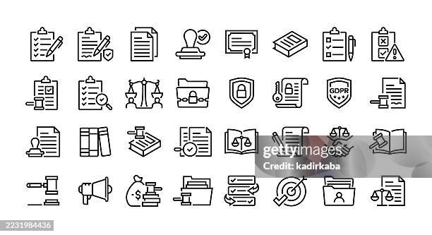 compliance line icon set. group of object. policy, document, regulations, rule, laws, audit, gavel, legal, legislation. - rules stock illustrations