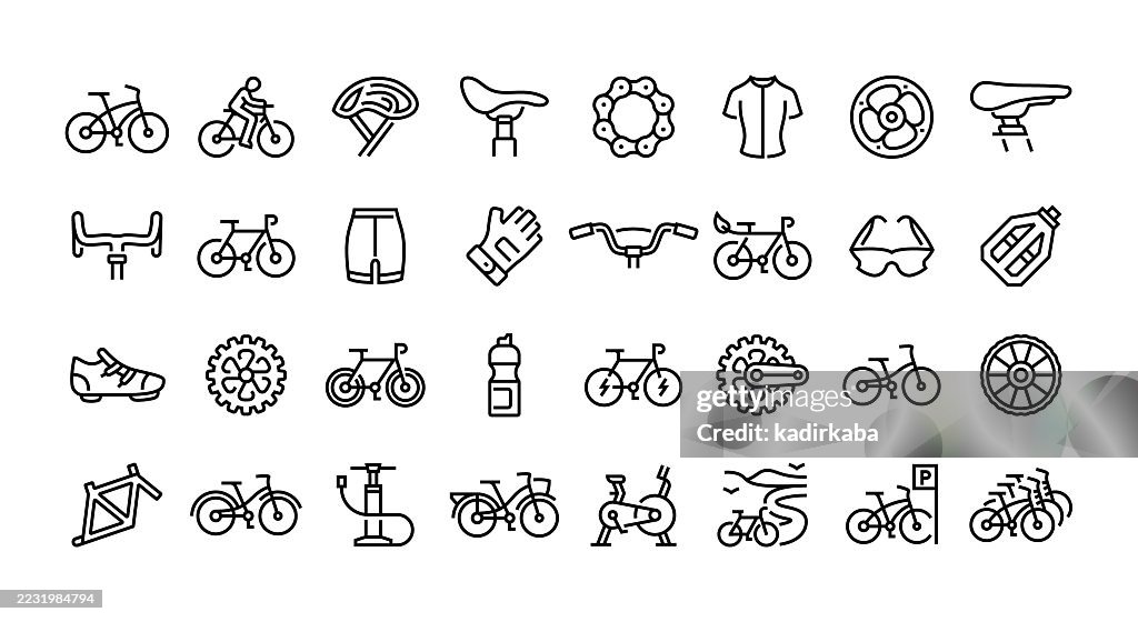 Cycling Line Icon Set. Group Of Object. Bicycle, Cycling, Helmet, Saddle, Chain, Handlebar, Bike Shorts, Bike Glove, Cycling Shoes.