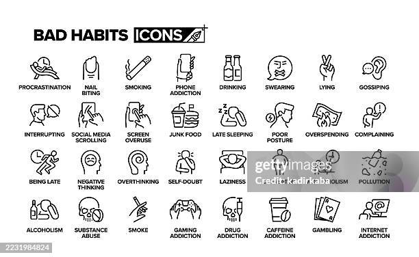 illustrations, cliparts, dessins animés et icônes de ensemble d’icônes de ligne bad habits. groupe d’objets. se ronger les ongles, boire, jurer, mentir, bavarder, interrompre, abus d’alcool, dépendance, malhonnêteté. - abus de stupéfiants