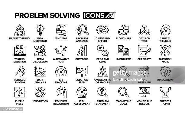 ilustraciones, imágenes clip art, dibujos animados e iconos de stock de conjunto de iconos de línea de resolución de problemas. grupo de objetos. lluvia de ideas, análisis, solución, plan alternativo, signo de interrogación, innovación, negociación, seguimiento de resultados, éxito, trofeo. - tormenta de ideas
