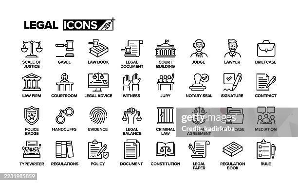 ilustraciones, imágenes clip art, dibujos animados e iconos de stock de conjunto de iconos de línea legal. grupo de objetos. mazo, derecho, tribunal, juez, abogado, sala de audiencias, reglamento, contrato. - balanzas de la justicia