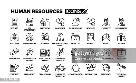 Human Resources Line Icon Set. Group Of Object. Candidate, Contract, Employee, Benefits, Bonus, Resume, Recruitment, Job Offer, Salary. Human Resources Line Icon Set. Group Of Object. Candidate, Contract, Employee, Benefits, Bonus, Resume, Recruitment, Job Offer, Salary.