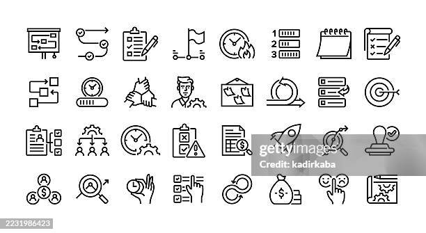 project management line icon set. group of object. workflow, team, deadline, task list, priority, project plan, analysis, workflow. - agile software development stock illustrations