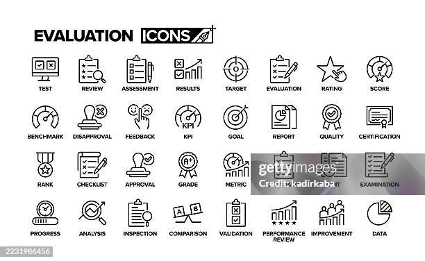 icon-set für auswertungszeilen. gruppe von objekten. test, bewertung, überprüfung, ergebnisse, ziel, bewertung, punktzahl, feedback, bericht, qualität, rang, standard, prüfung. - größenunterschied stock-grafiken, -clipart, -cartoons und -symbole