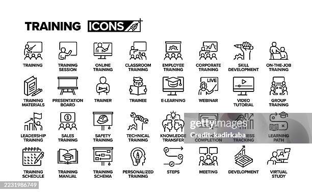 trainingslinien-icon-set. gruppe von objekten. geschäftstreffen, geschäftskonferenz, bildung, präsentation, webinar, entwicklung, seminar, treffen, lernen. - auszubildender stock-grafiken, -clipart, -cartoons und -symbole