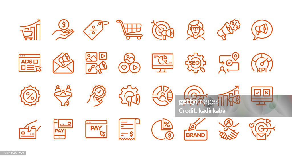 Sales and Marketing Line Icon Set. Group Of Object. Target Market, Customer, Promotion, Campaign, Market, Branding.
