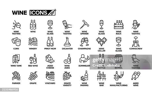 wine line icon set. group of object. winery, grape, wine tasting, wine glass, vineyard. - burgundy france vineyard stock illustrations