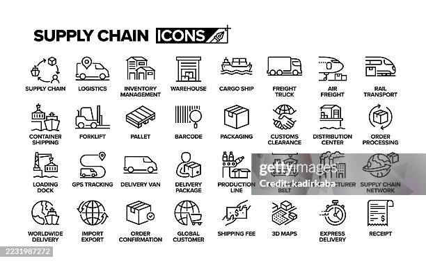 supply chain line icon set. group of object. logistics, delivery, warehouse, cargo ship, global, industry, retail, merchandise. - loading dock stock illustrations