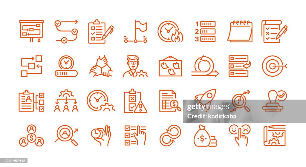 Project Management Line Icon Set. Group Of Object. Workflow, Team, Deadline, Task List, Priority, Project Plan, Analysis, Workflow.