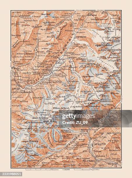 map of mont blanc massif, france/italy, lithograph, published 1893 - french alps stock illustrations