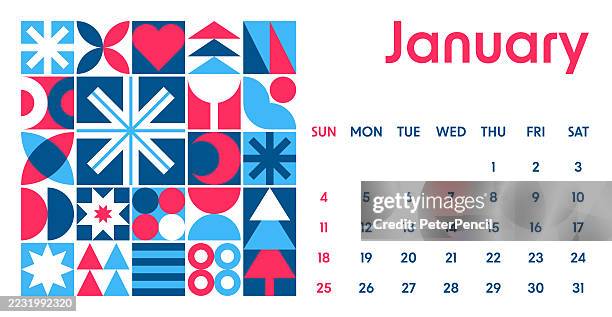 january 2026 calendar horizontal desktop - abstract geometric bauhaus shape style color calendar for 2026 year - american grid - week starts on sunday - vector color art design - desk background stock illustrations