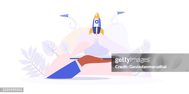 rocket launching from education book – learning, innovation and growth achievement concept - school improvement stock illustrations