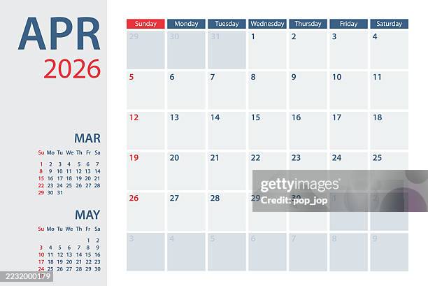 ilustraciones, imágenes clip art, dibujos animados e iconos de stock de plantilla vectorial de planificador de calendario de abril de 2026. la semana comienza el domingo - abril
