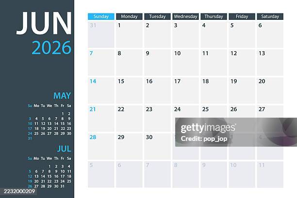 2026 june calendar planner vector template. week starts on sunday - june stock illustrations