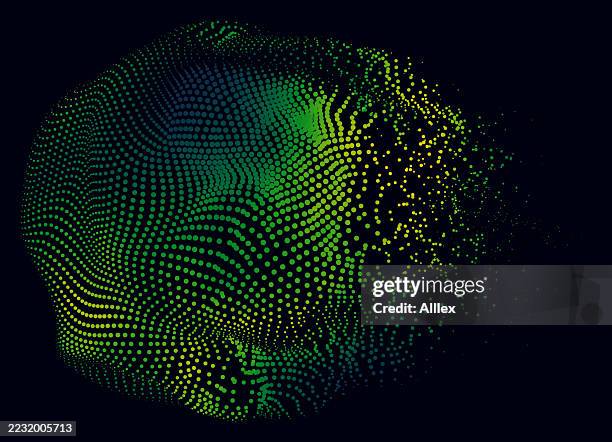 digital abstract visualization of green and yellow dots in a fluid formation - geodesy stock illustrations