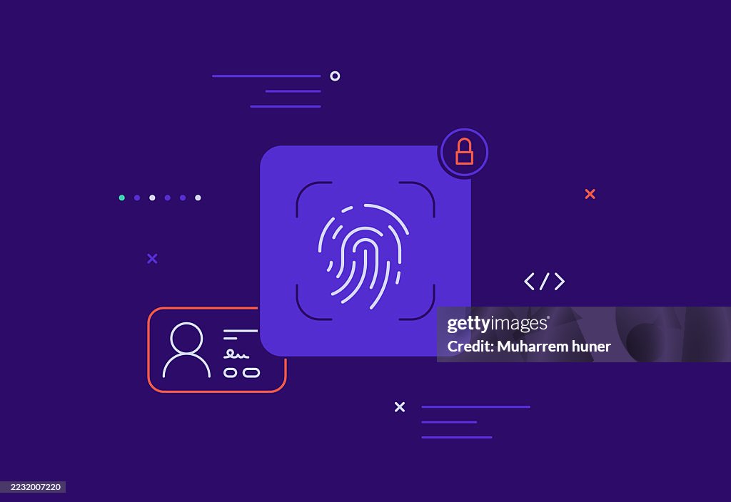 Autenticación de huellas dactilares e ilustración vectorial de ciberseguridad