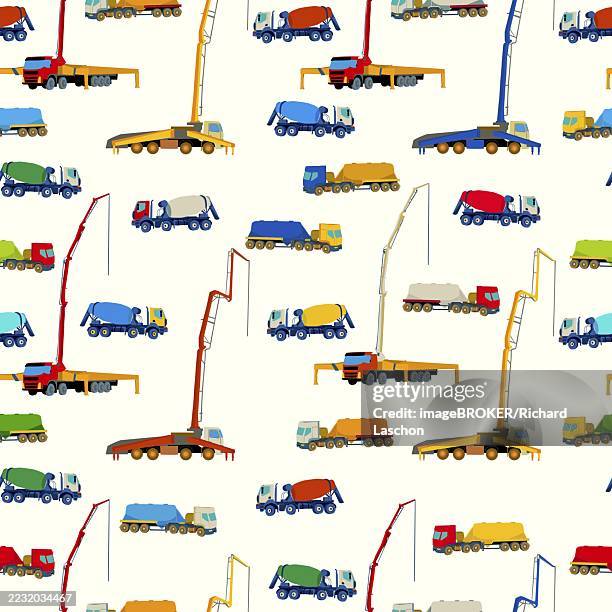 concrete mixer and pump trucks repeating pattern, vector illustration - concrete pump stock illustrations